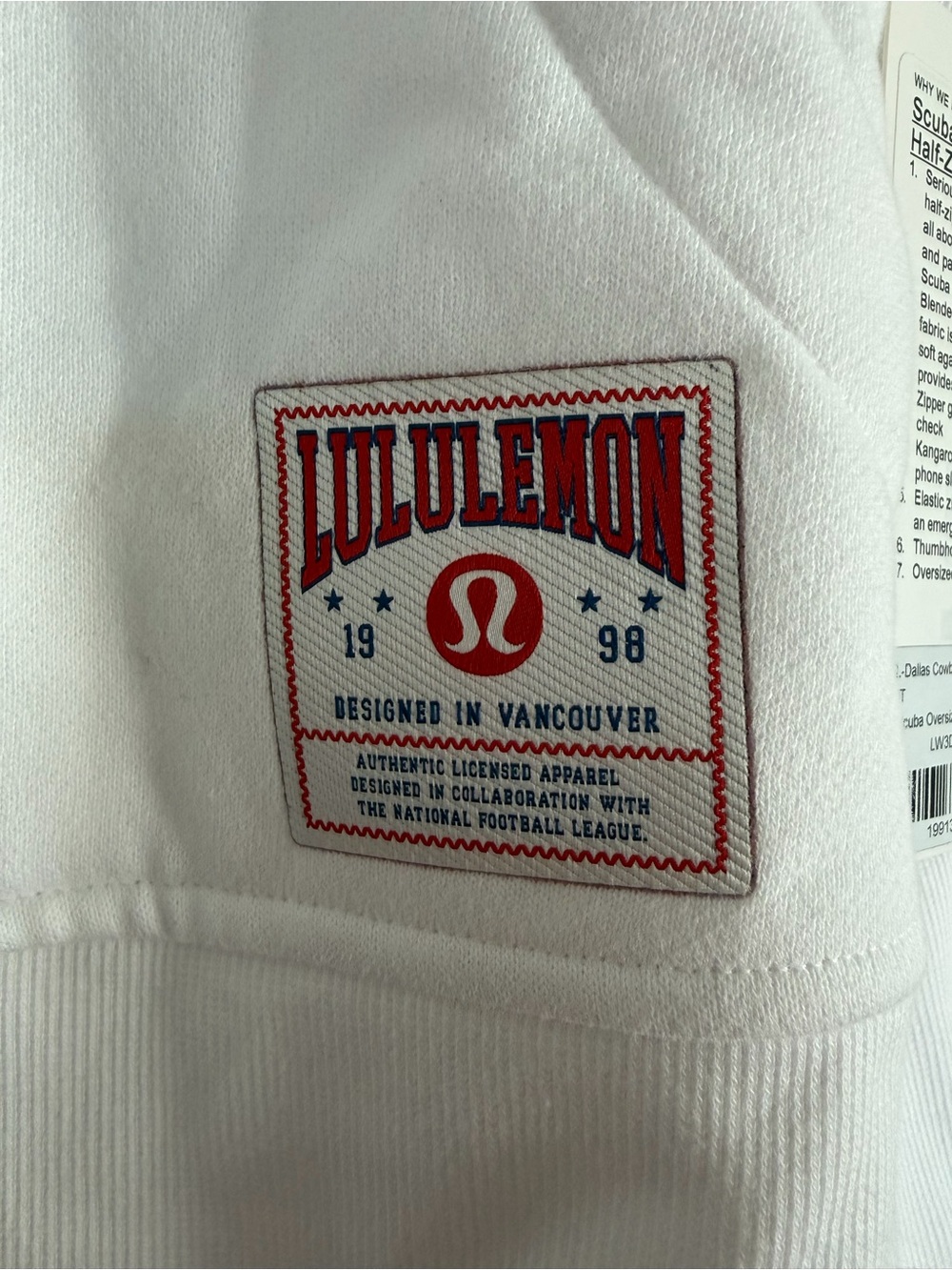 NWT Lululemon x NFL Dallas Cowboys Scuba Half Zip Hoodie White XS/S - Picture 2 of 7